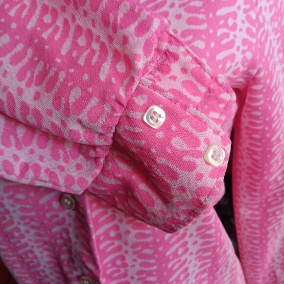 Medium Vintage Blouse Abstract Print Pink White Button-Up Size 10 1960's Mod - Picture 4 of 7